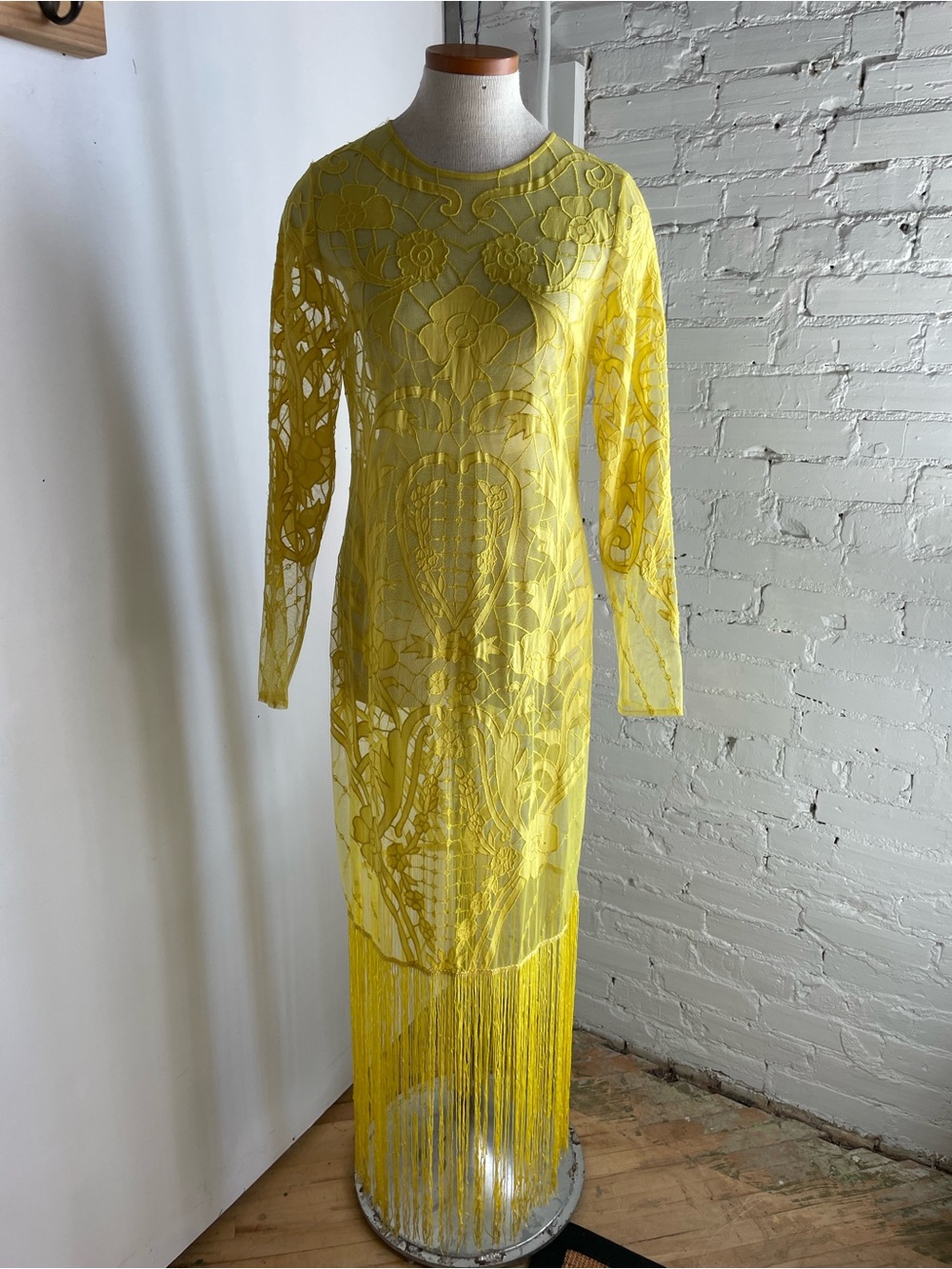 ASOS Yellow Lace Long-Sleeve Maxi Dress with Fringe